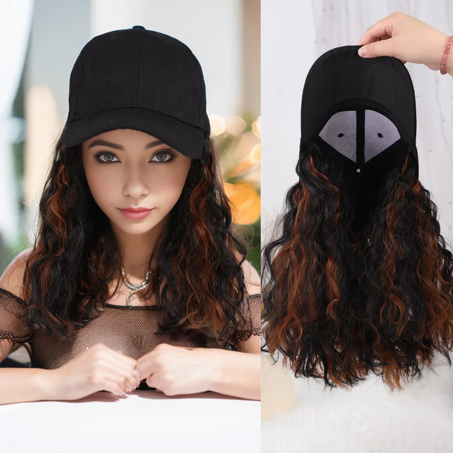 

Long wave synthetic fiber cap wig Baseball cap band hair extension cap wig adjustable heat resistant women's wig