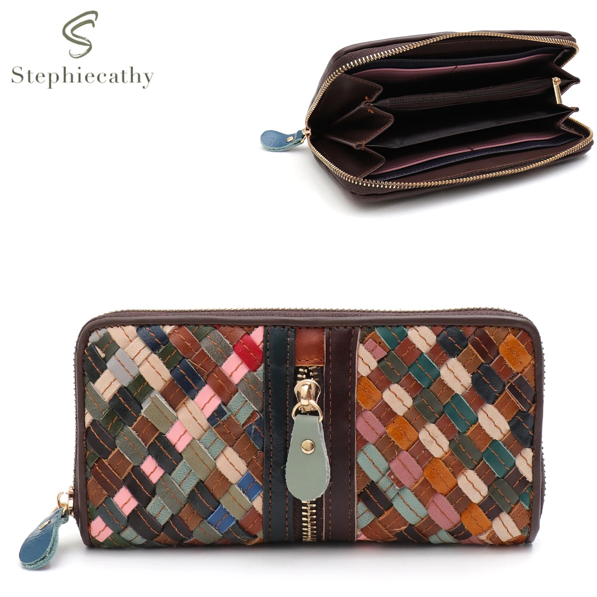 

SC Luxury Colorful Leather Woven Long Wallet Women Real Cowhide Zipper Phone Purse Multi Pockets Card holders Coins Cash Pouch