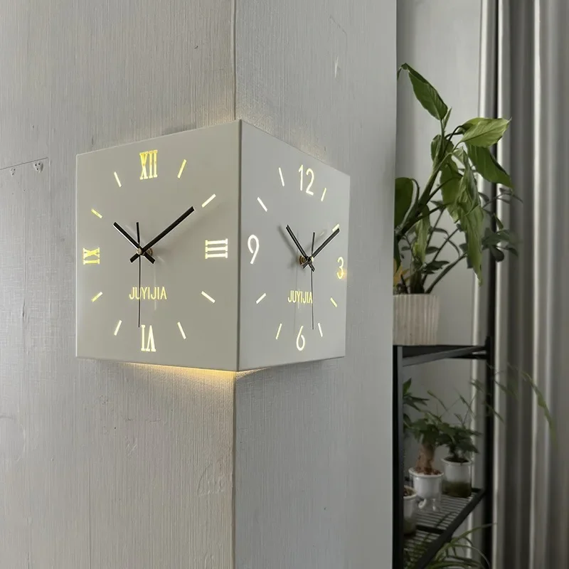 

Living Room Glow Corner Clock Metal Double-sided Wall Hanging Clock Wall Decoration Bedroom Background Wall Sticker Silent Clock