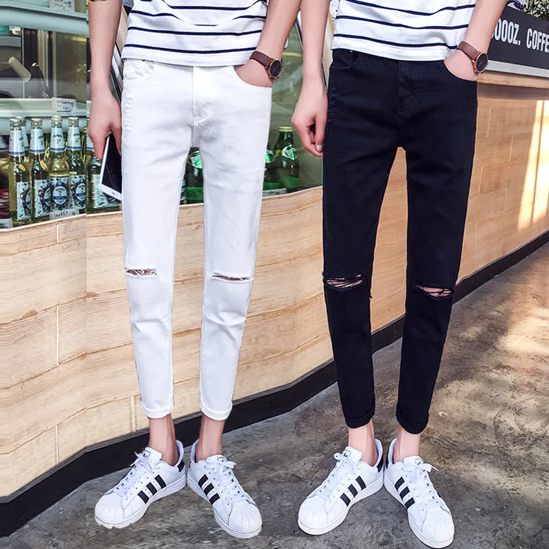 Wholesale 2022 Teenagers Street Men\'s Ankle Length Jeans Boy Ripped Holes Slim Feet Summer Youth Pants Trendy Pencil Pants