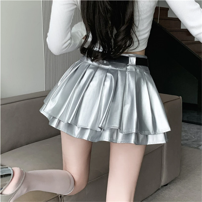 ارتفاع الخصر مطوي تنورة صغيرة المرأة المضادة للضوء المشي تنورة بولي Leather الجلود التنانير القصيرة مع حزام بطانة الكورية الفتيات تنورة رقص