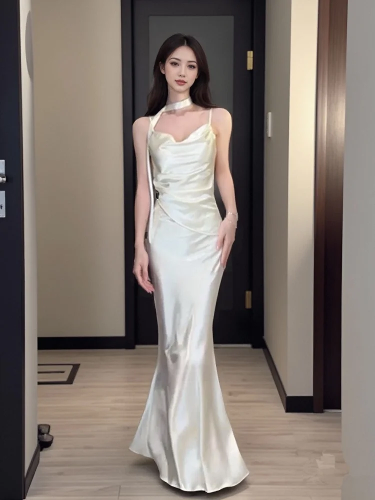 Seidensatin Geburtstag Par Dr Damen Sommer Ele Sexy Kleid Französisch Sle l Taille A-Linie Rock Off-Shoulder-Kleid