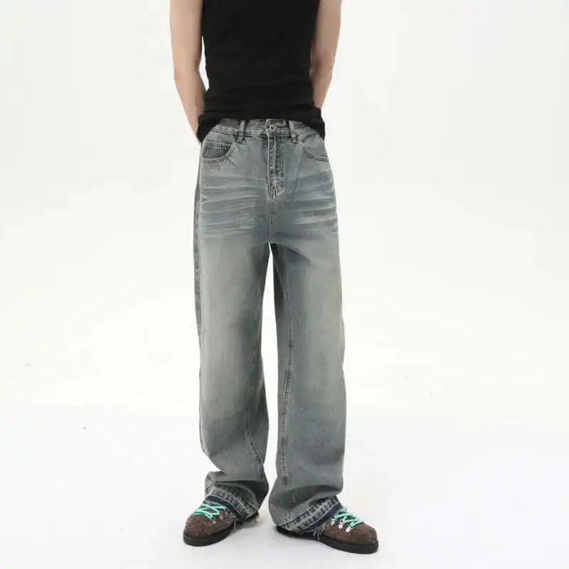 

Мужские джинсы с необработанными краями в стиле пэчворк, прямые брюки в американском стиле, широкие свободные мужские джинсовые брюки, лето 2025 г.