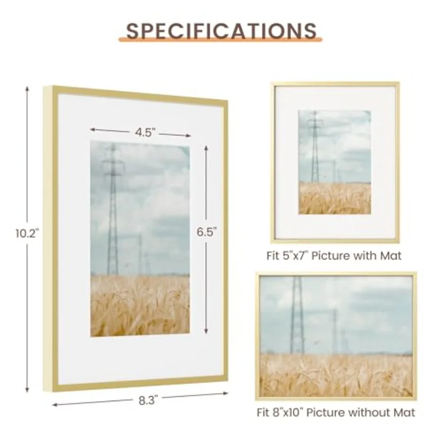 8x10 Picture Frame, Aluminum 8x10 Poster Frames with 5x7 Removable Mat with Plexiglass, Vertical and Horizontal Display, Wall H