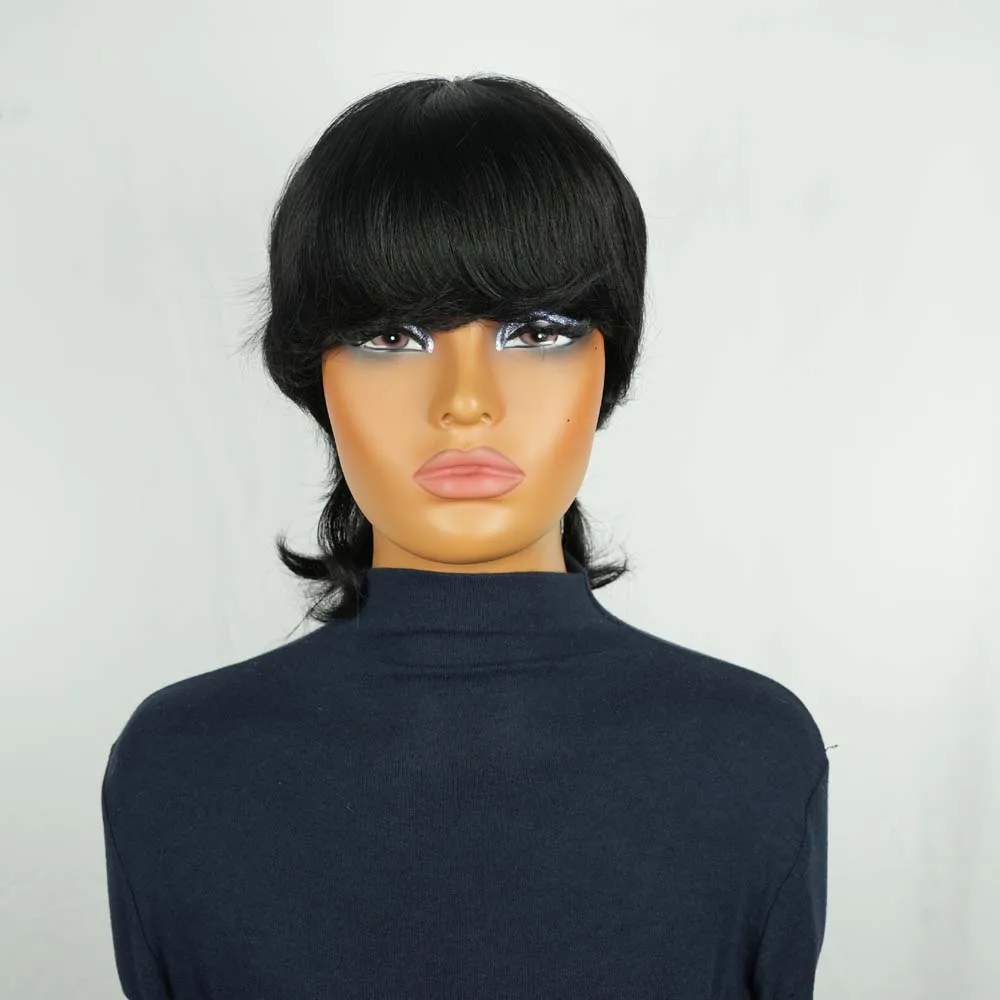 Parrucca Pixie Cut Capelli umani per donne nere con frangia Parrucca corta a strati nera naturale diritta completa fatta a macchina