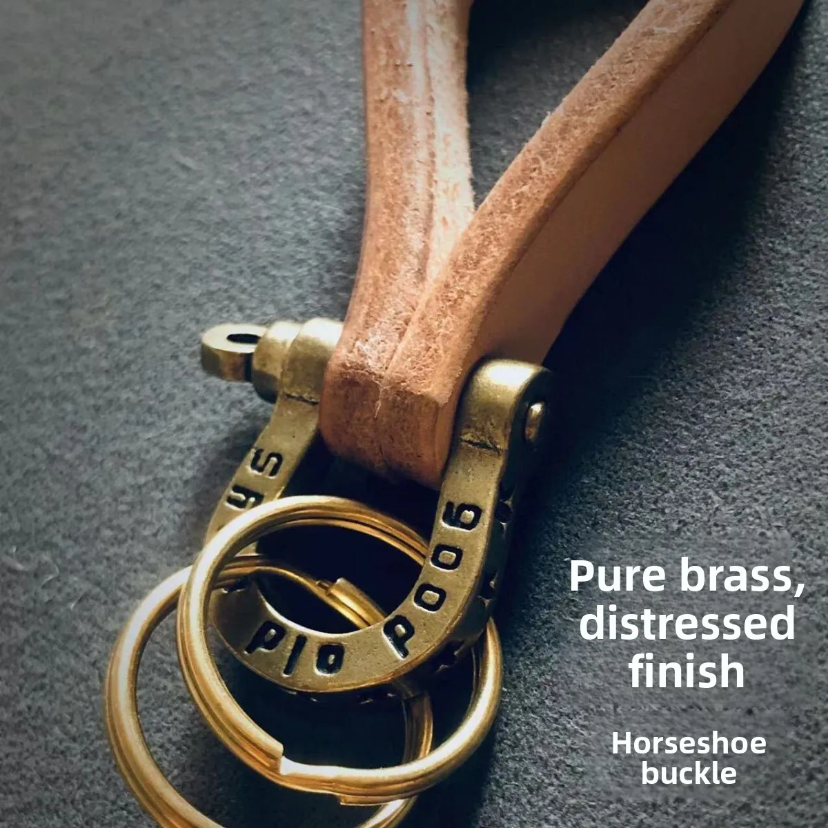 Vintage Messing Pflanzlich Gegerbtes Sattelleder Hufeisenschnalle Handgefertigter Schlüsselanhänger Oberste Schicht Rindsleder Echtes Leder – Detail 4
