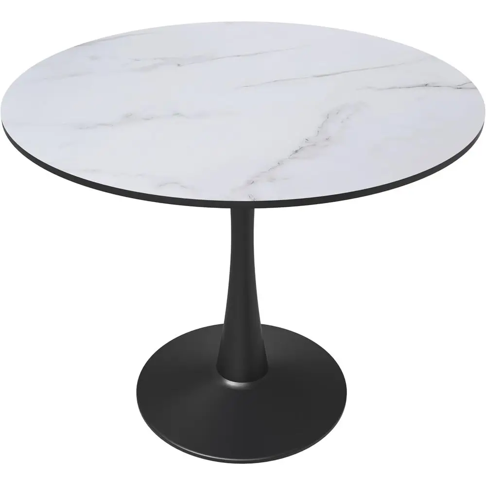 

35 Round Marbled White Accent Table with Black Metal Pedestal Base for Kitchen Dining Room