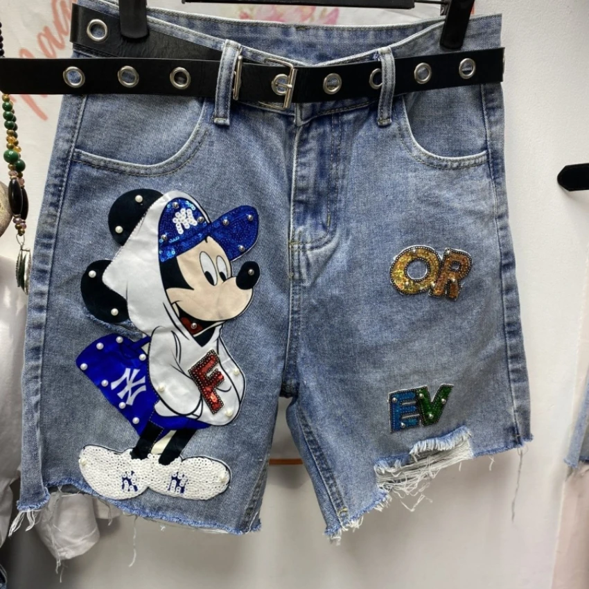 Dames zomer Europese stijl zware Mickey patch kralen noodlijdende denim shorts losse rechte pijpen knielange broek