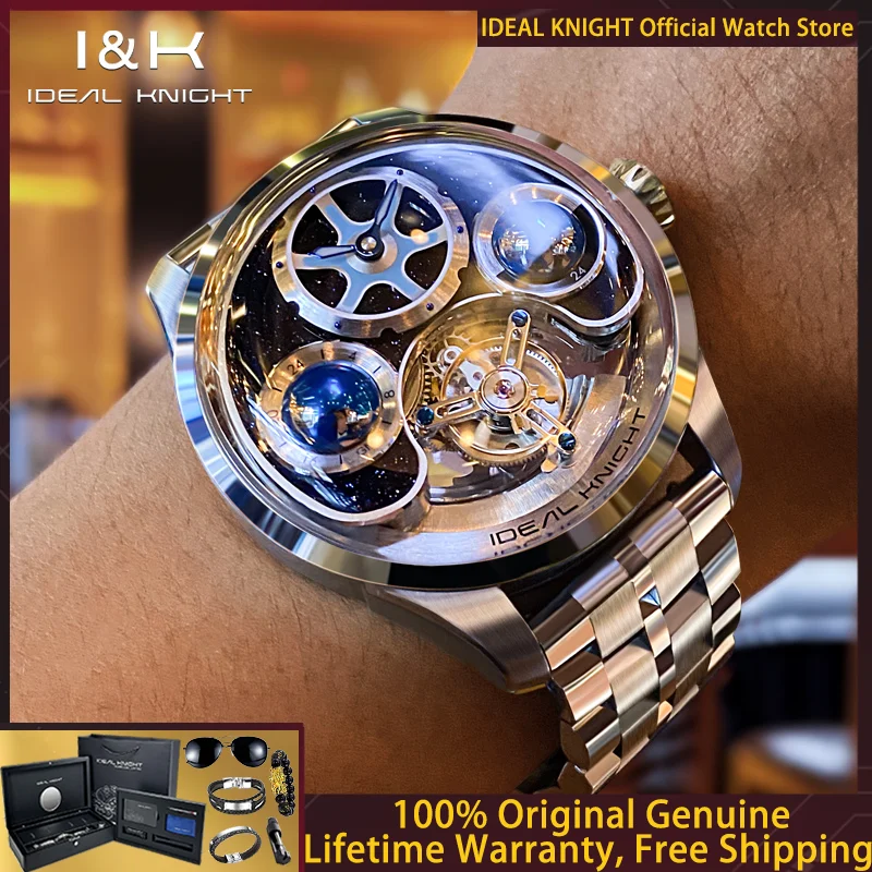 

IDEAL KNIGHT 6808 Men True Tourbillon Watch High Luxury GMT Multi time Zone Setting Blue Earth Men's Automatic Mechanical Watch