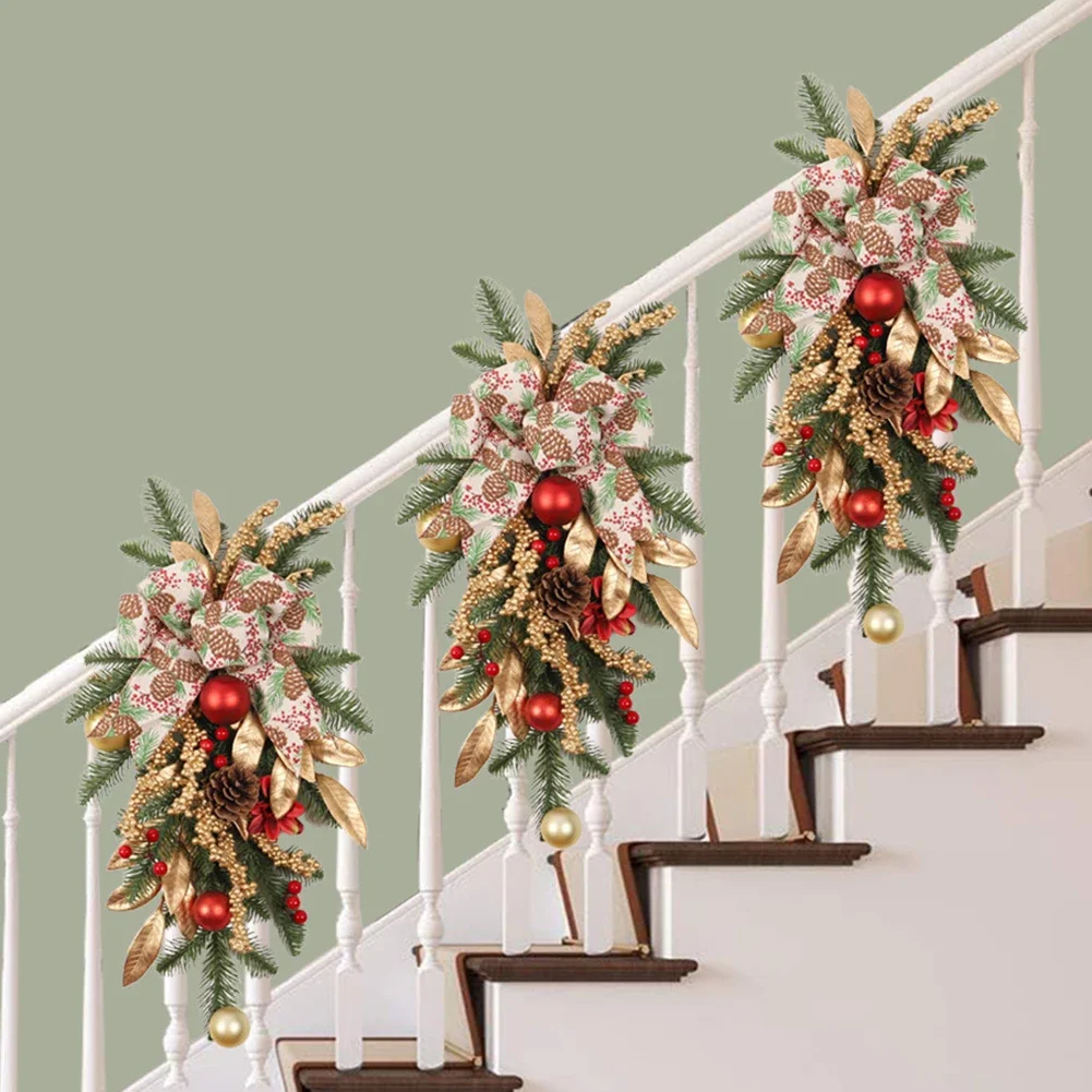 Aesthetic Christmas Stair Decorations Delightful 17 72 Inch Ornament Featuring Bow and Natural Elements for Joyous Feelings