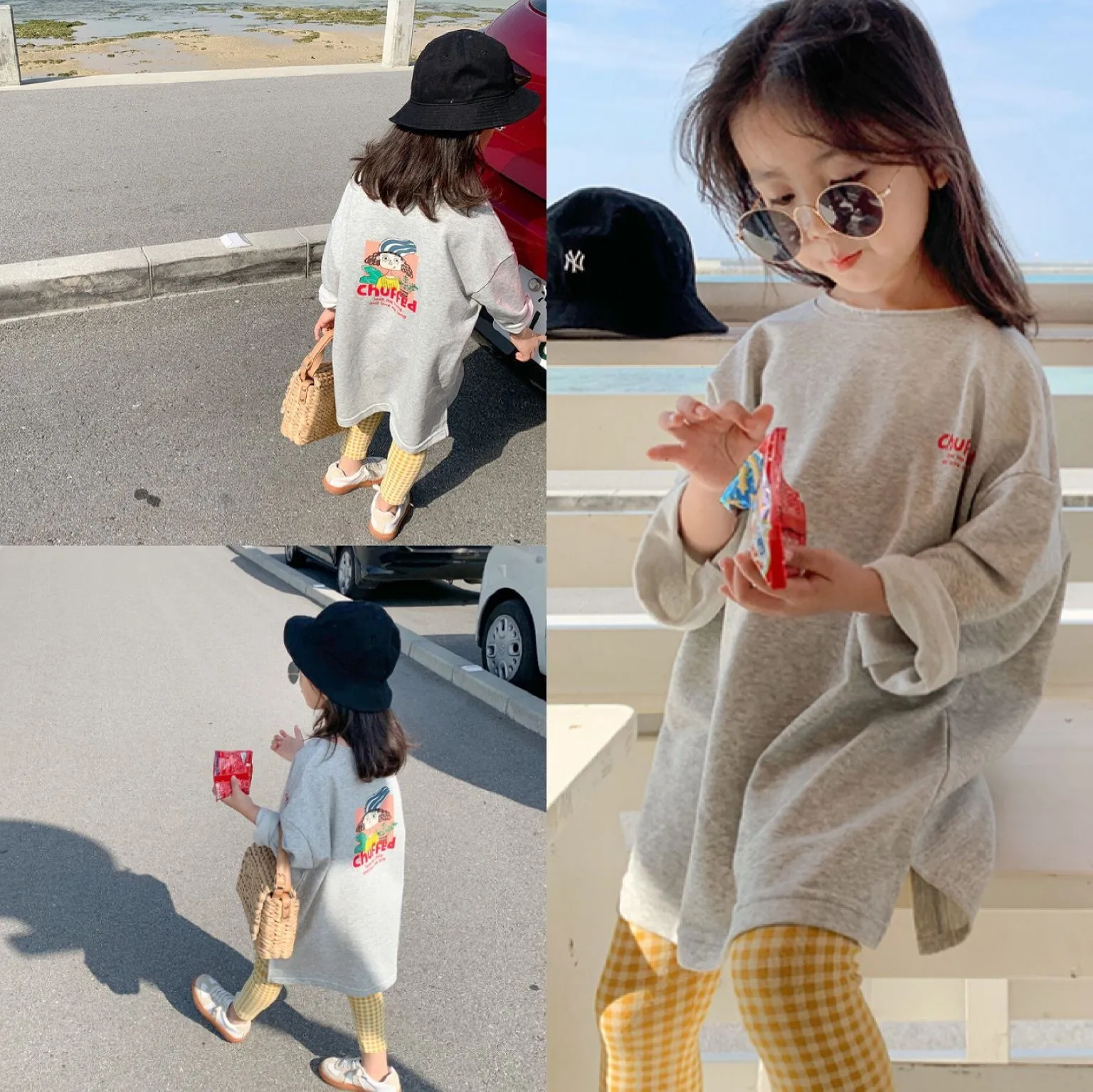 Spring Autumn Baby Girls Cotton Gray Loose Long Straight Sweatshirt Dresses Kids Outfits Pullover Coat Tops Children Skirt 2-9Yr