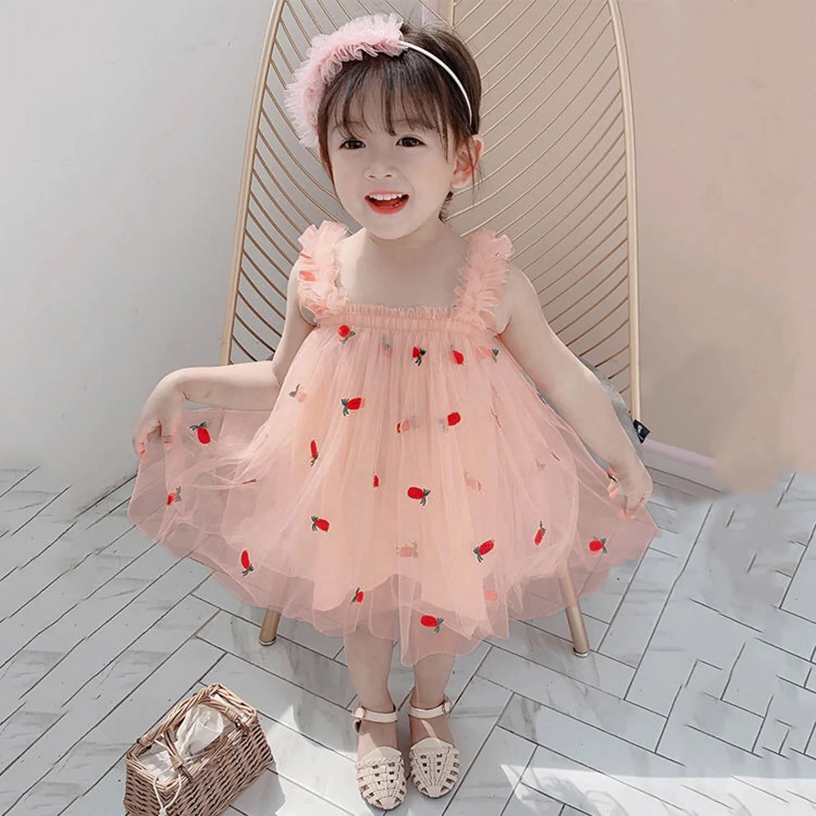 Toddler Short Sleeve Dress Shirt Dress Tulle Girls Toddler Sleeveless Baby Pineapple Suspender Princess Rose Girls Dress Shoes