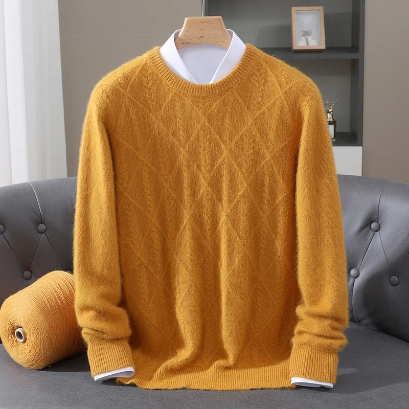 الرجال س الرقبة سميكة البلوز الخريف الشتاء الكلاسيكية الذكية عادية تويست سترة 100% المنك الكشمير تريكو الأعمال مريح القمم