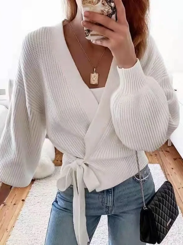 เสื้อไหมพรมรัดเอวทรงวี คอไขว้ ดีไซน์เซ็กซี่เข้ารูป สำหรับผู้หญิง ฤดูใบไม้ร่วง ฤดูหนาว ผลิตจากเส้นใยโพลีเอสเตอร์ 100%