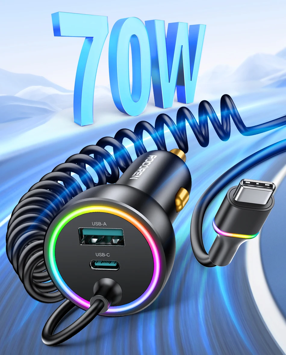 Rocoren 70W USB-Autoladegerät, schnelles Laden, PD 35W USB-C-Autoladegerät mit Federladekabel, Typ-C-Autoladegerät für iPhone Xiaomi – Detail 2