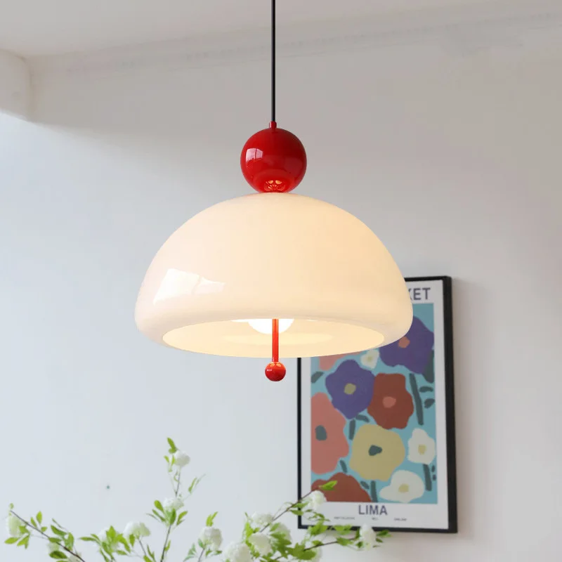 

Vintage French Simple Red Iron White Glass Single Dining Pendant Lamp LED E27*3 Indoor Lighting Bedside Livingroom Decor Fixture