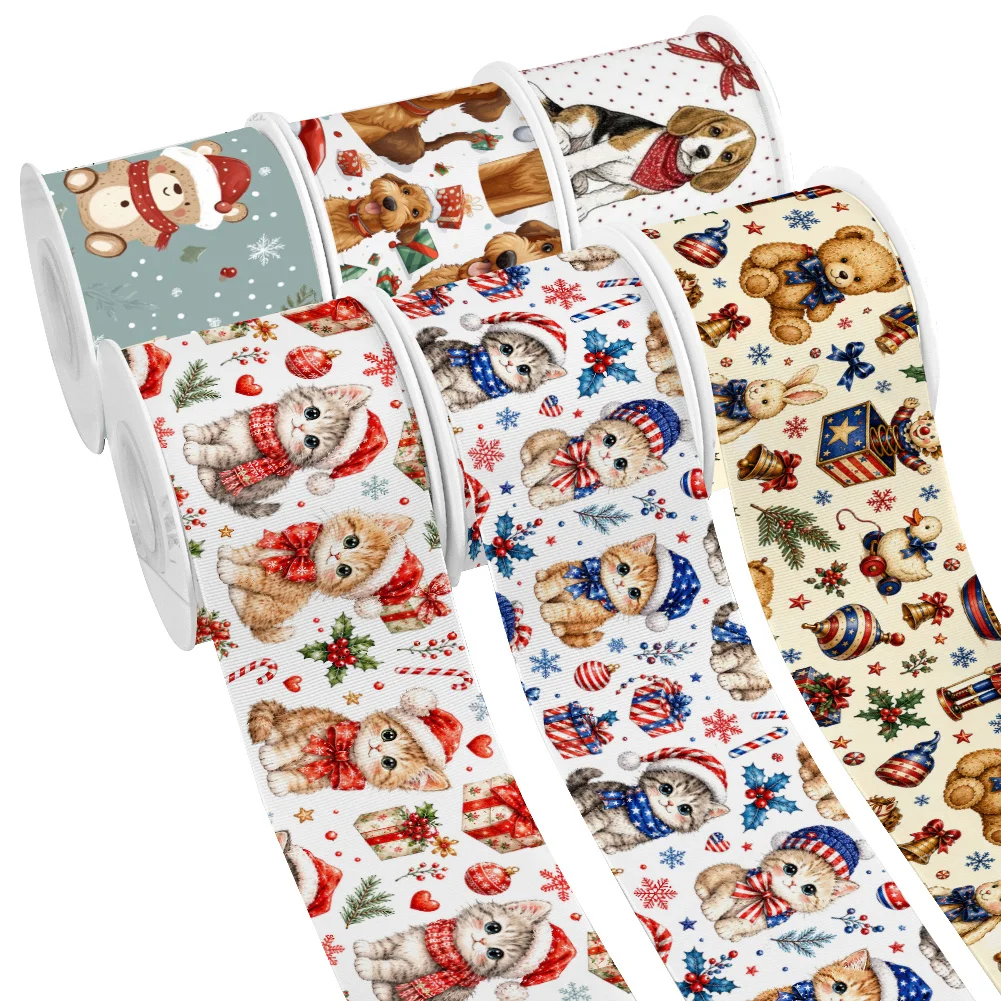 Cartoon Dog Printed 10yards Christmas Grosgrain Ribbon for Cheer Bows DIY Girl Headwear Hair Bows Satin Ribbon