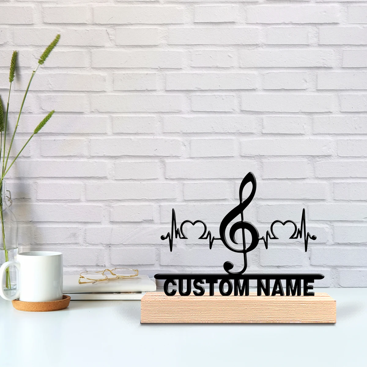 1pc Stylish Personalized Custom Notes and heartbeat Metal Art With Wooden Base Tabletop Decoration Farmhouse Wall Decor with Wo