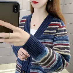 Autumn and Winter Women's Solid Stripe V-Neck Button Loose Fit Long Sleeve Sweater Knitted Cardigan Fashion Casual Elegant Tops