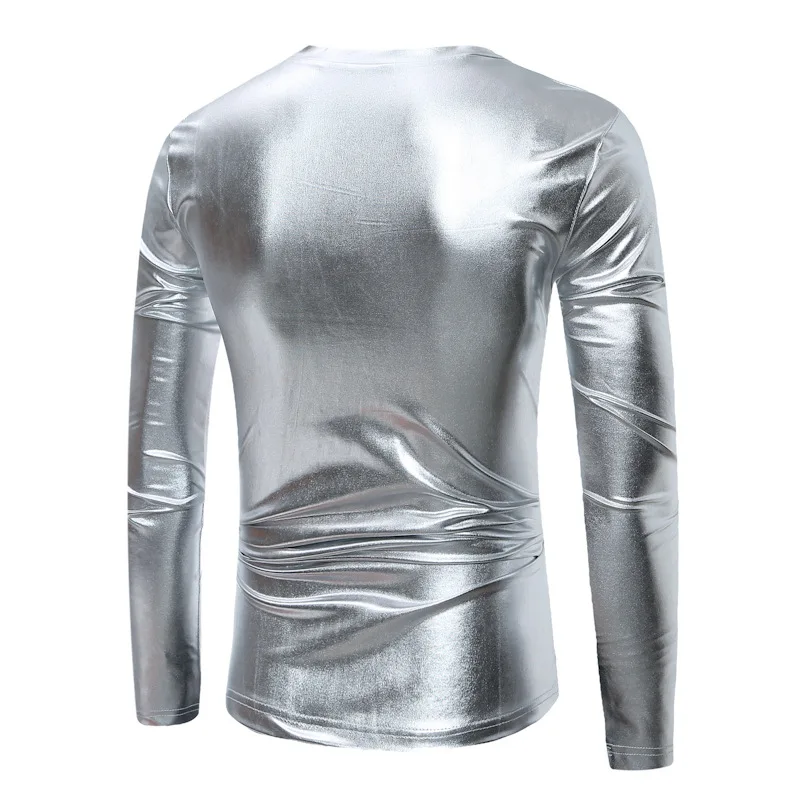 Mens Slim Fit Long Sleeve T Shirts Shiny Silver Coated Metallic T Shirt Men 70s Disco Nightclub Party Dance Tshirt Tops Man XXL