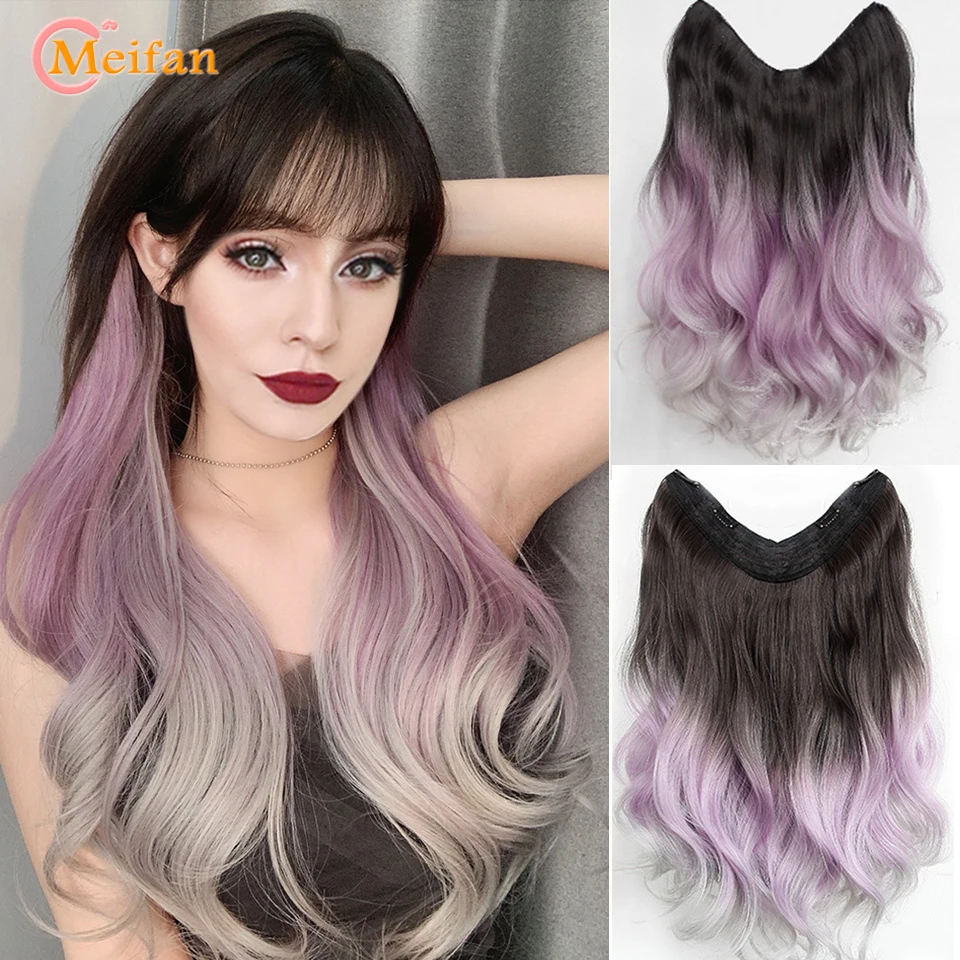 MEIFAN Synthetic Long Wavy Curly U-Shaped Half Head Wig for Women Clips in Hair Extension Ombre Purple Natural Fake Hairpieces