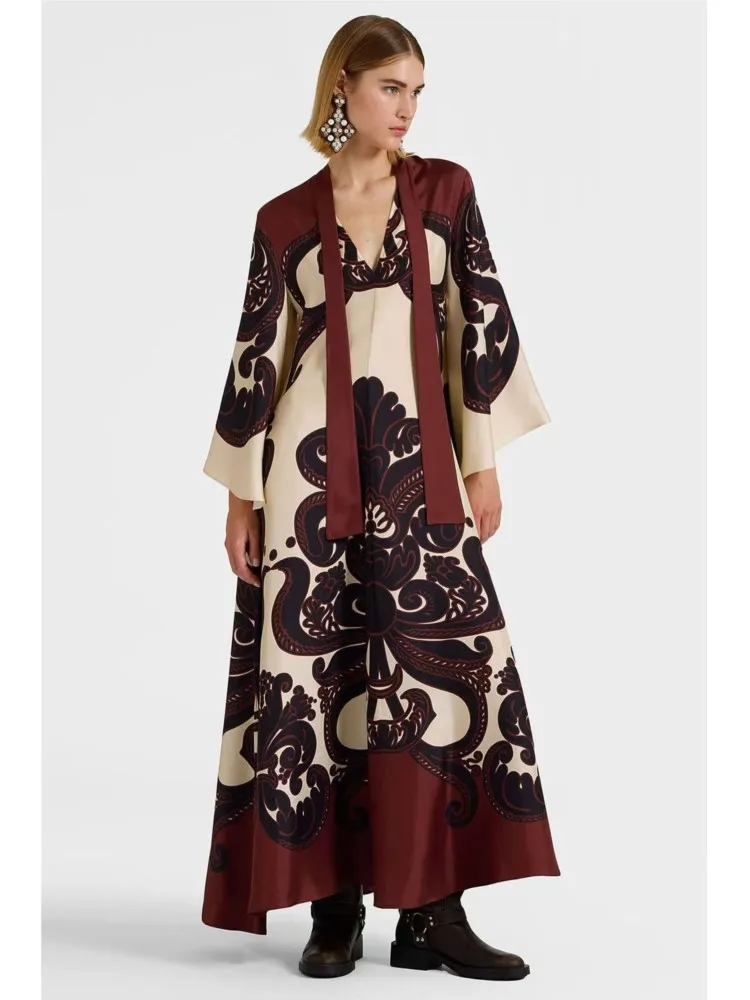 

Vintage Print Dress for Women Sexy V Neck Lace-up Long Dress Spring Fall 3/4 Sleeve Loose Party Maxi Dress Casual Beach Robe