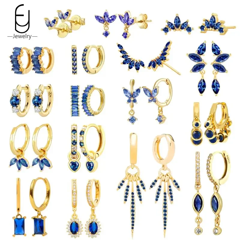 925 sterling zilveren oorgespen mode hoepel oorbellen donkerblauwe kristallen hanger gouden