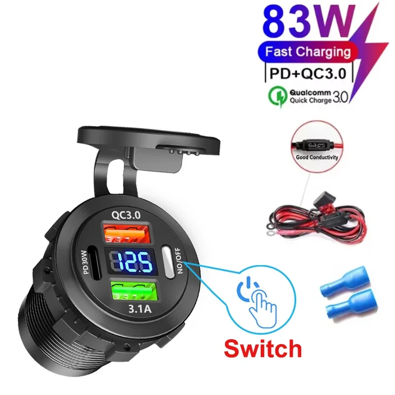 QC 3.0 PD30W Dual-USB-Schnellladegerät für Autos, 12V/24V, wasserdicht, mit Schalter, Auto-Schnellladeadapter, Stromanschluss