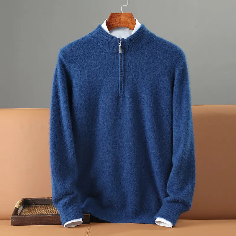 100% Soft Wool Men\'s Clothing Sweater Half-High Zipper Pullover Autumn Winter Warm Basic Knitted Jumper Pull Homme Cashmere Tops