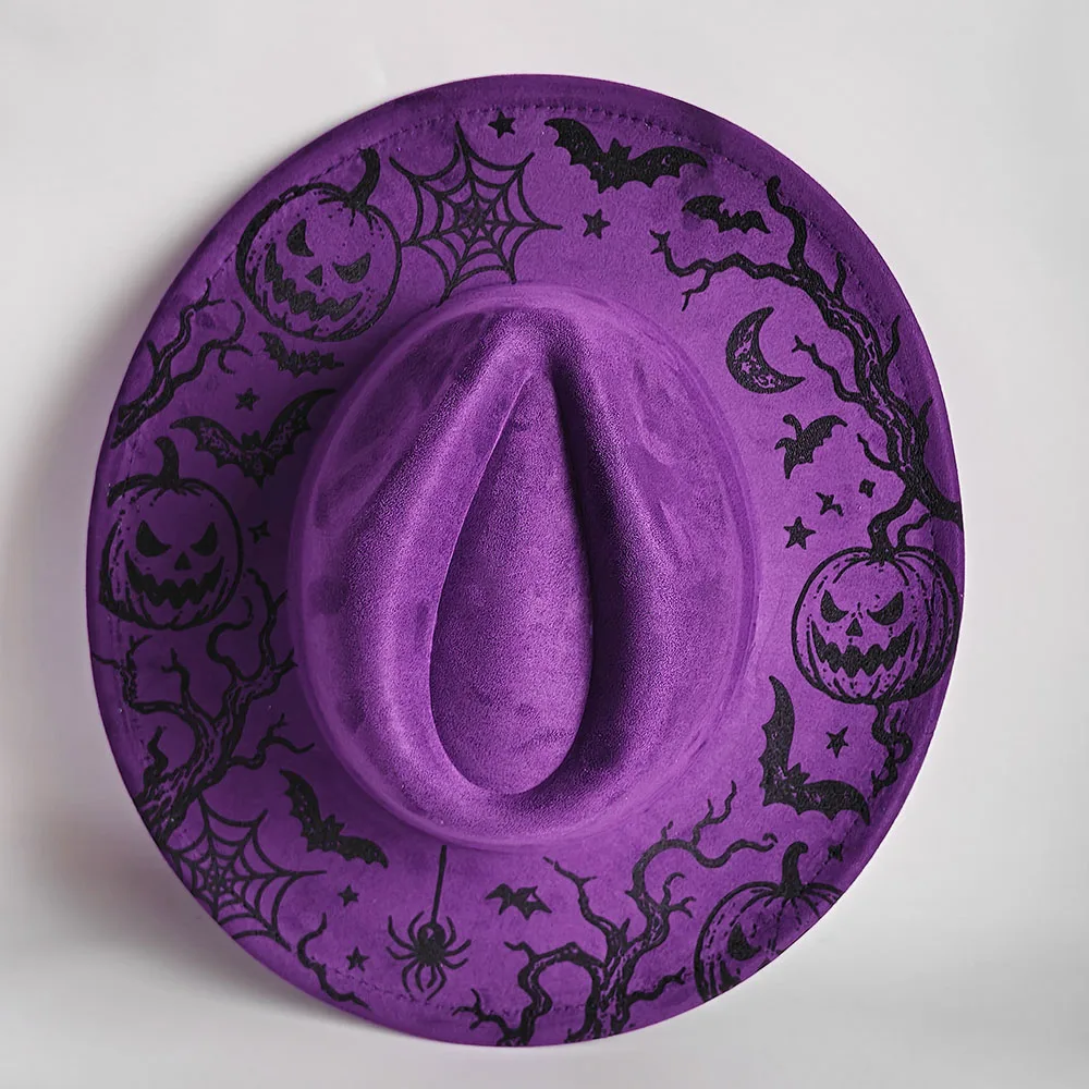 Halloween Fedora Hat Pumpkin Bat Spider Print Wide Brim suede hat Felt Adult Cosplay Party Costume Accessory Cosplay Headwear