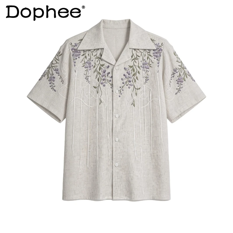 

Men's 2026 Summer New Elegant Trendy Tops Handsome Floral Tassel Embroidery Short-sleeve Shirts Men's Color Matching Chic Shirts