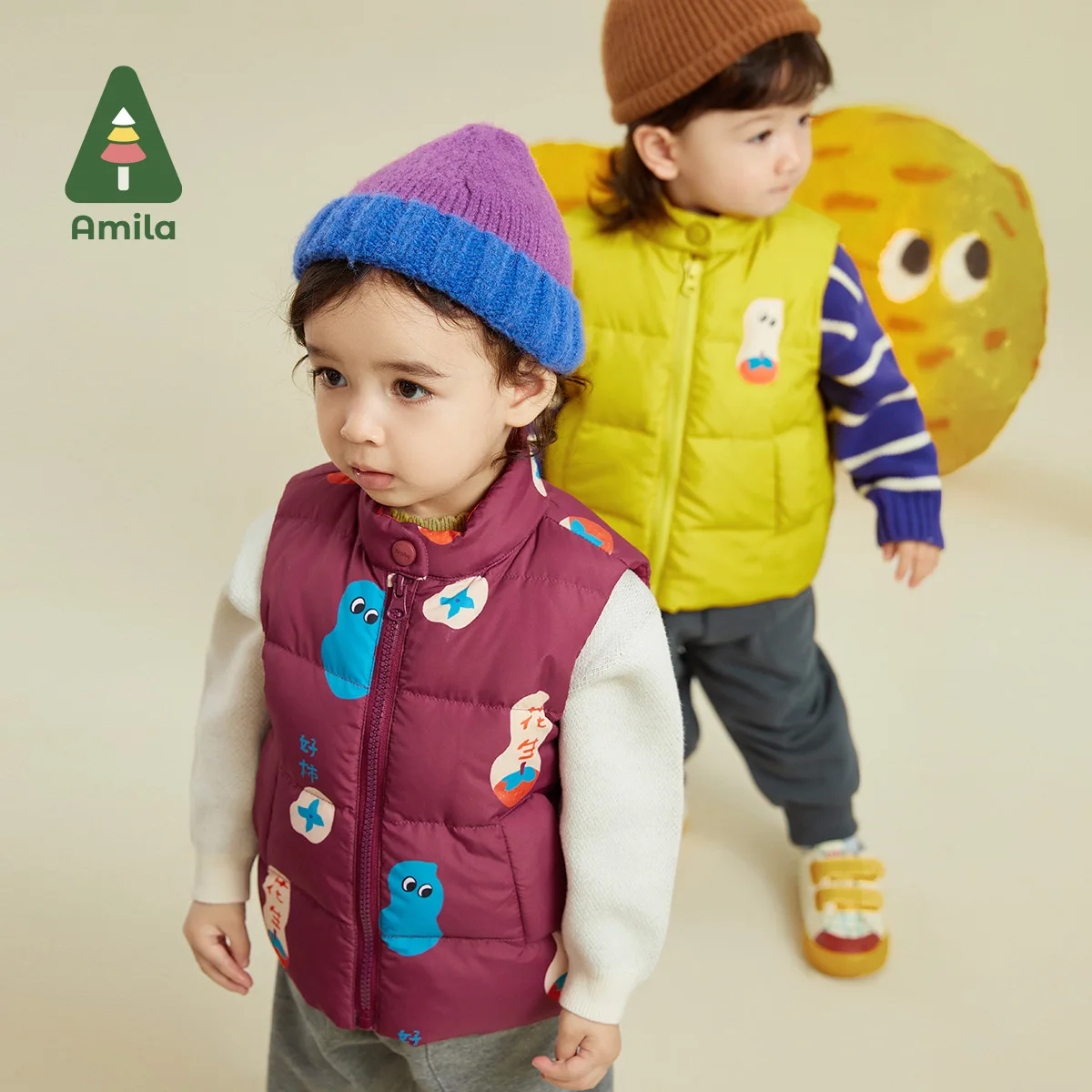 Amila Vest For Boys Girls 2023 Autumn New Original Printing Quality Goose Down Stand Up Collar Design Warm Fashion Baby Clothes