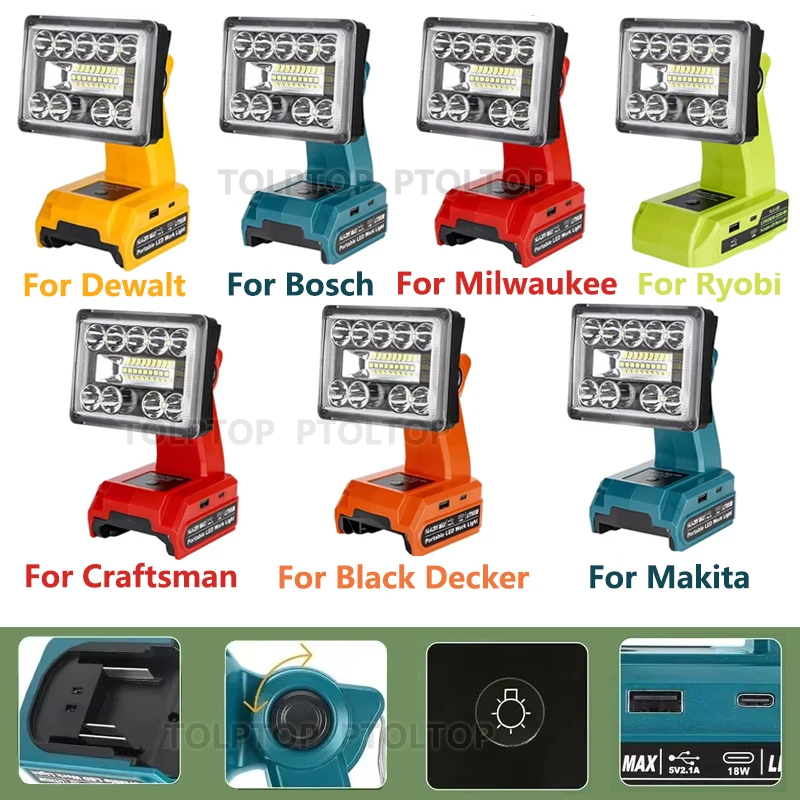 19W Cordless Work Light LED Flashlight For Makita/Dewalt/Milwaukee/Bosch/Black&Decker/Ryobi 18V Battery Spotlight USB Desk Lamp