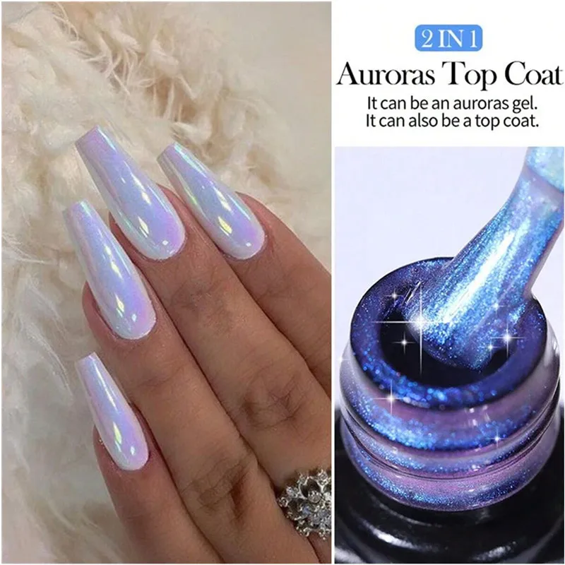 Esmalte de Uñas en Gel 2 en 1 con Brillo Aurora, Efecto Láser Holográfico, Semipermanente, Removible con Acetona, Barniz de Gel UV, Suministros para Manicura