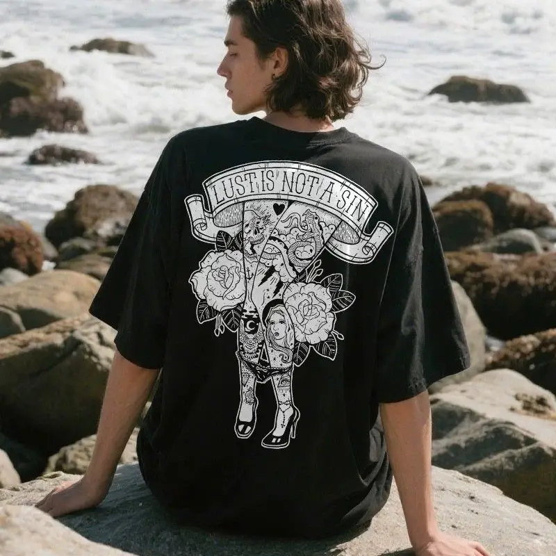 American-style Street Graffiti Short-sleeved Men's Women's Loose Pure Cotton Heavyweight Small-scale Hip-hop Tattoo Artist