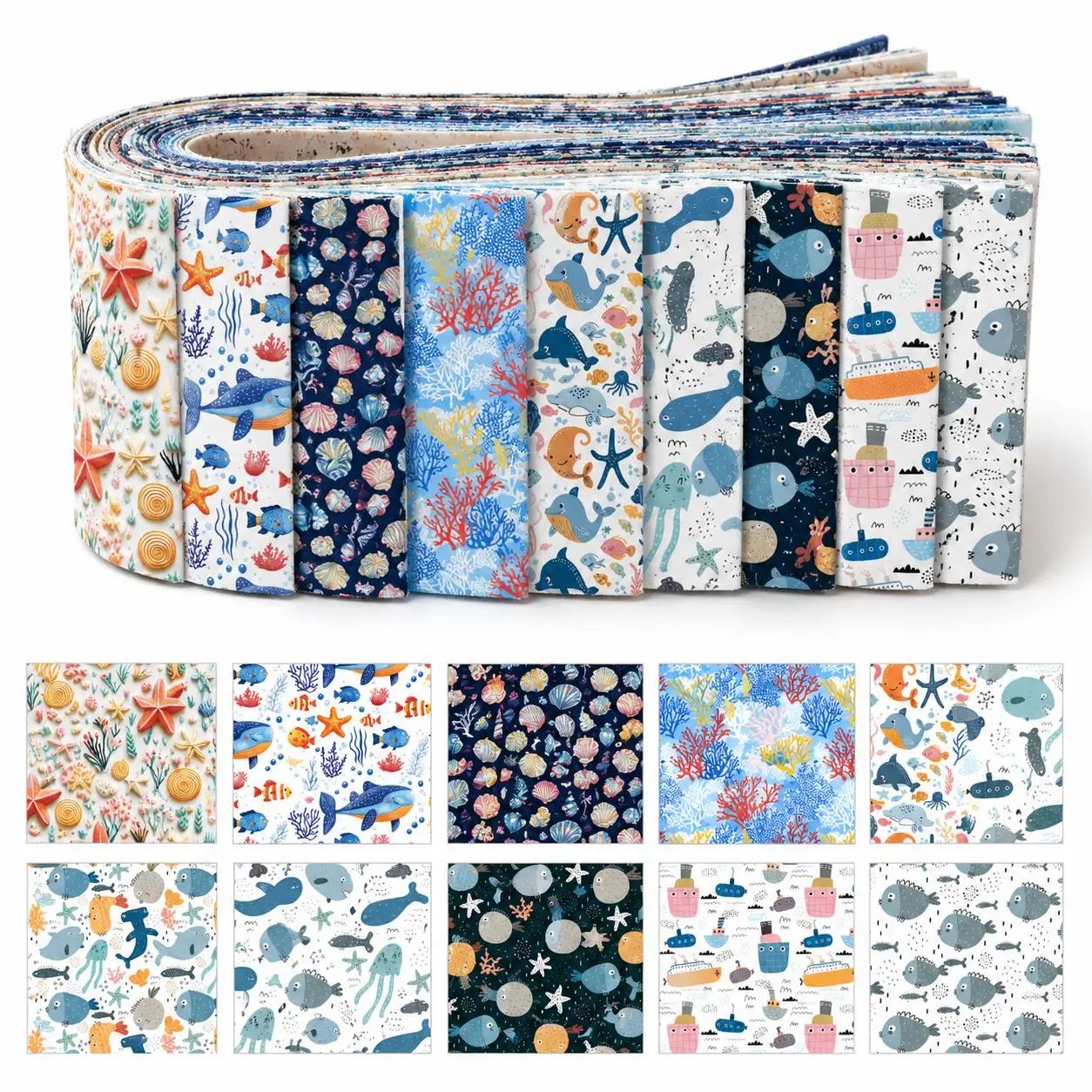 10pcs Ocean Whale Jelly Roll Fabric Strips 2.5X19.7inch Pre-cut 100% Polyester for Patchwork Quilts, Table Runners, Placemats