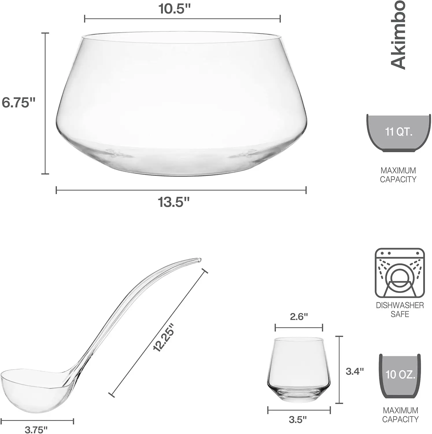 8 Piece Punch Bowl Set with Acrylic Ladle, 11-Quart, Clear,Dishwasher safe for quick, thorough cleaning