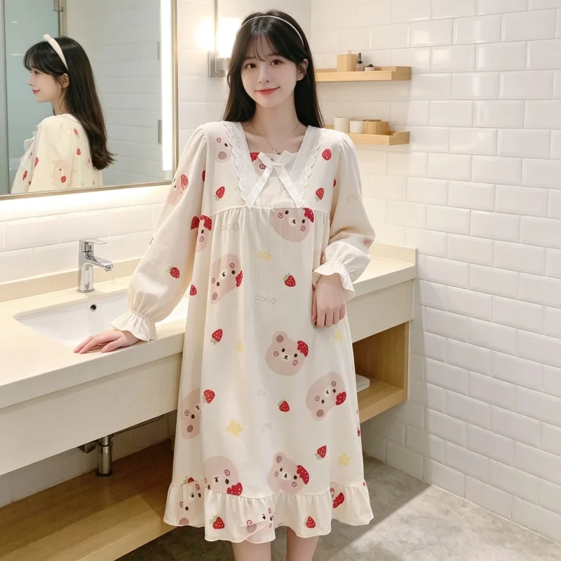 pijama-feminino-com-estampa-de-urso-kawaii-e-morango-manga-longa-decote-de-renda-conjunto-solto-para-dormir-roupa-casual-para-uso-diario-em-casa
