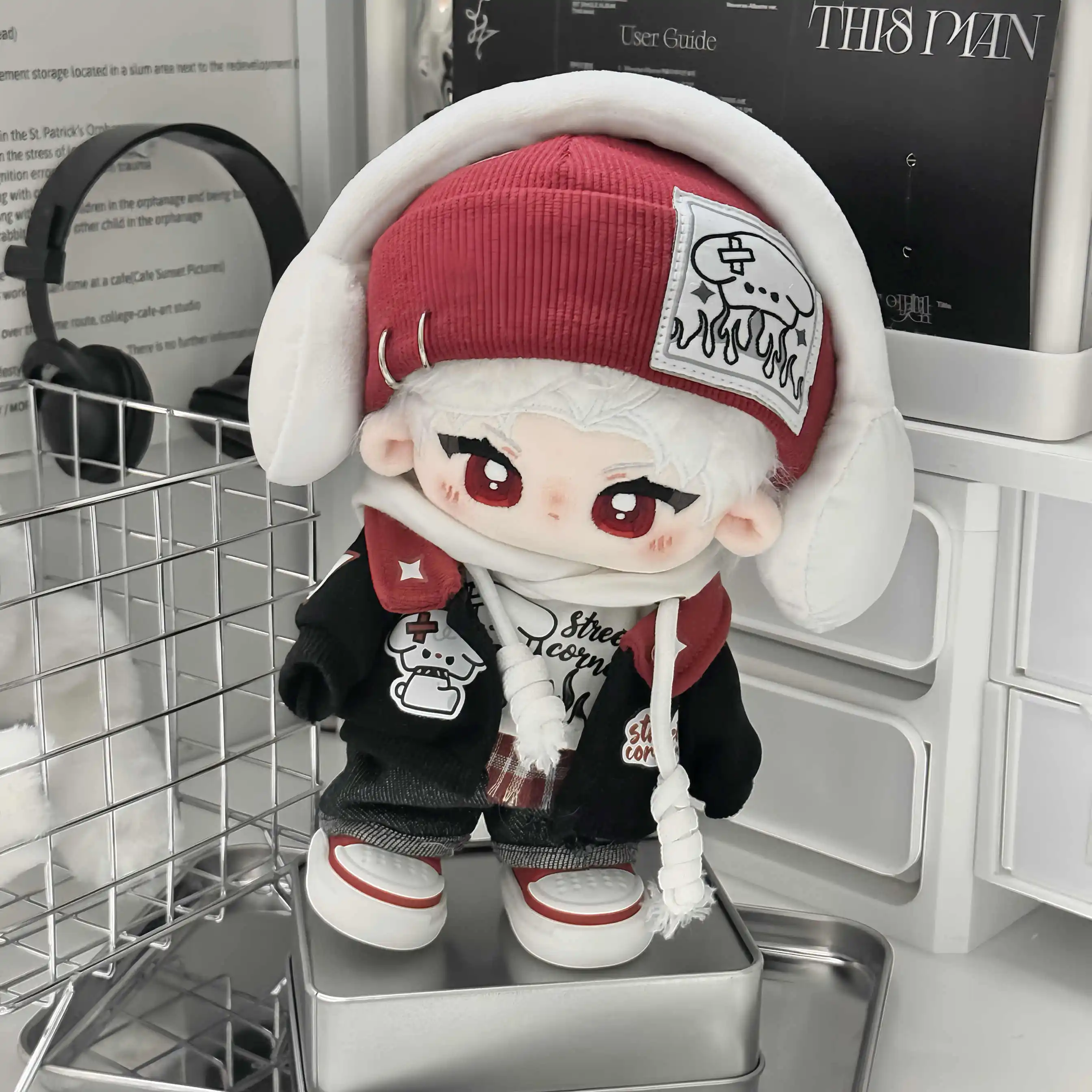 20cm Doll Clothes Fashion Red Hat Hooded Vest Jacket Earphone Suit Stuffed Plushies Plush Doll Accessories Anime Toy Kids Gifts