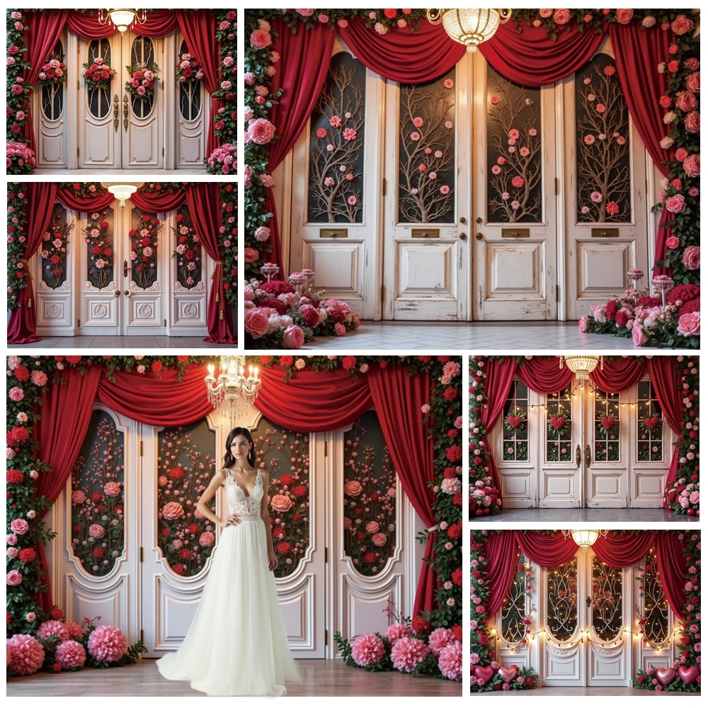 

MOON.QG February 14 Decoration Photographic Background Door Rose Red Curtains Backdrop Accessories Wall Portrait Bridal Shower