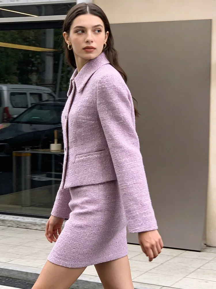 High Quality Slim Female Single Breasted Jacket Outfits Ladies Purple Jackets Skirt Two-Piece Set Above Knee Skirts Coat Sets