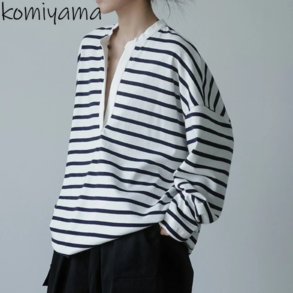 

V-Neck Long Sleeve T Shirts Hit Color Stripe Ropa Mujer Japan Loose Casual Roupas Autumn Fashion Clothes Woman 2025 New Tops