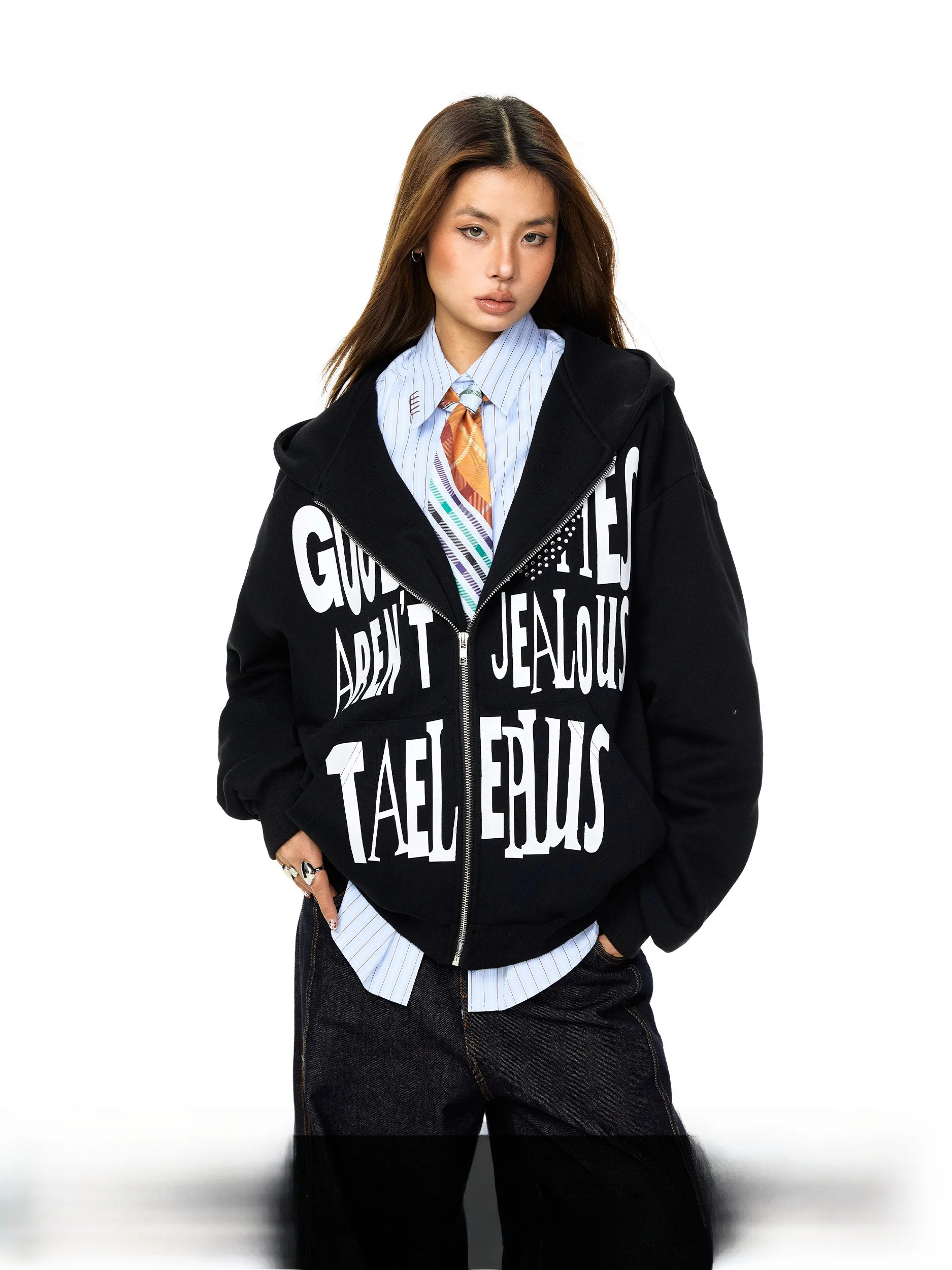 

Свободная повседневная толстовка-кардиган на молнии в американском уличном стиле с надписями, весна-осень, черная, верхняя одежда для молодежи