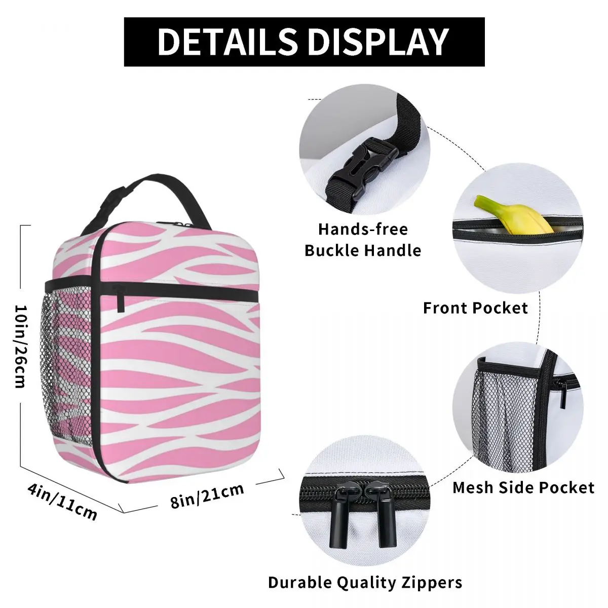 Zebra Pattern Pink Zebra Stripes Insulated Lunch Bag for Women Office Cooler Thermal Food Box Tote Lunch Boxes Container