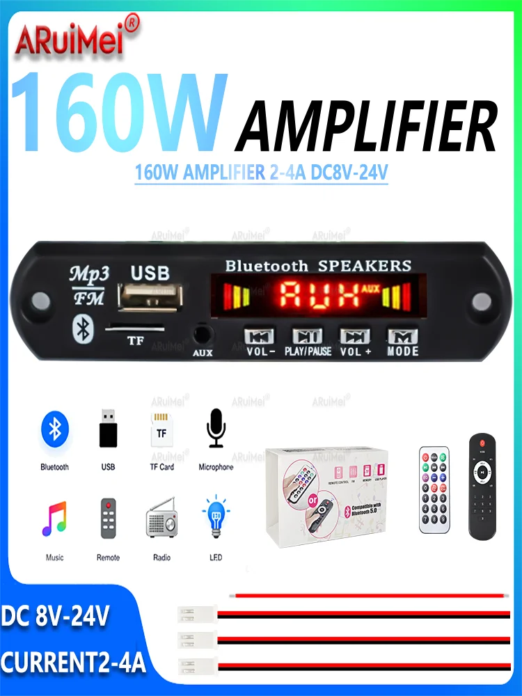 Kit d'amplificateur Bluetooth 5.0 2x80W 160W, avec télécommande et boîte cadeau, entrée large DC 8-24V pour Audio de voiture, Home cinéma, projet de haut-parleurs à monter soi-même