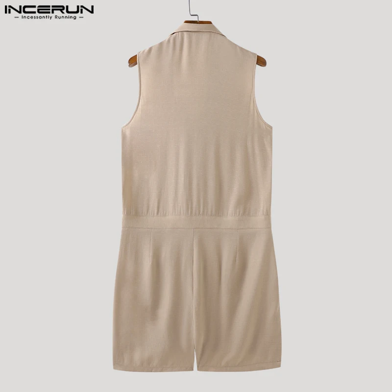 INCERUN Men Jumpsuits Solid Color V Neck Sleeveless Button Casual Rompers Men Streetwear Summer 2024 Fashion Male Overalls S-5XL