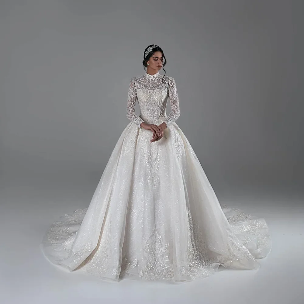 Flavinke Customized O-Neck Pearls Back Long Sleeve Appliques Sequins Lace Princess Ball Gown Wedding Dresses Vestido De Novia