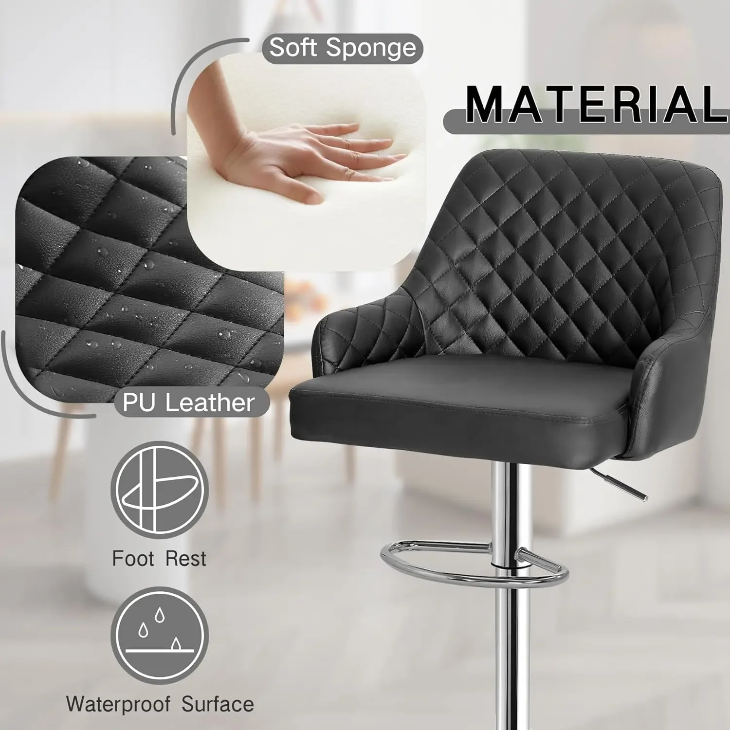 Adjustable Bar Stools Set of 2, Bar Height Stools for Kitchen Counter