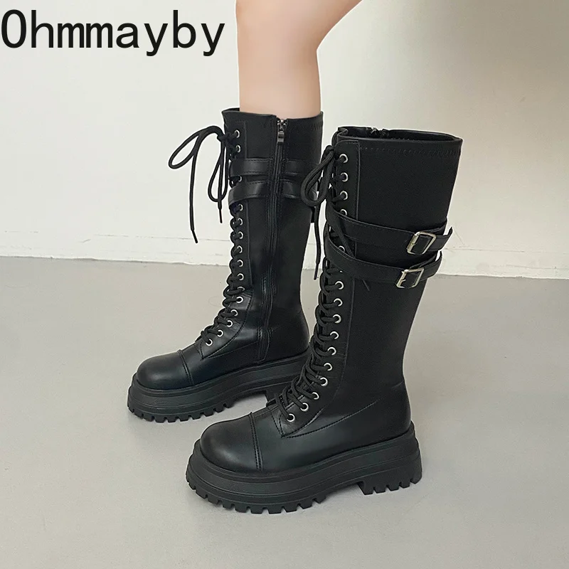 Winter Platform Woman Knee High Boots Lace Up Double Buckle Strap Shoes Leather Punk Fashion Gothic Ladies Biker Long Boots