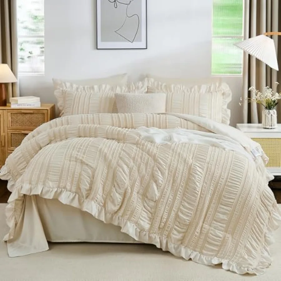 

Comforter Set, Cute Ruffle Comforter for Bed, 7 Pieces Bed in a Bag Seersucker Shabby Chic Bedding Set 90"×90
